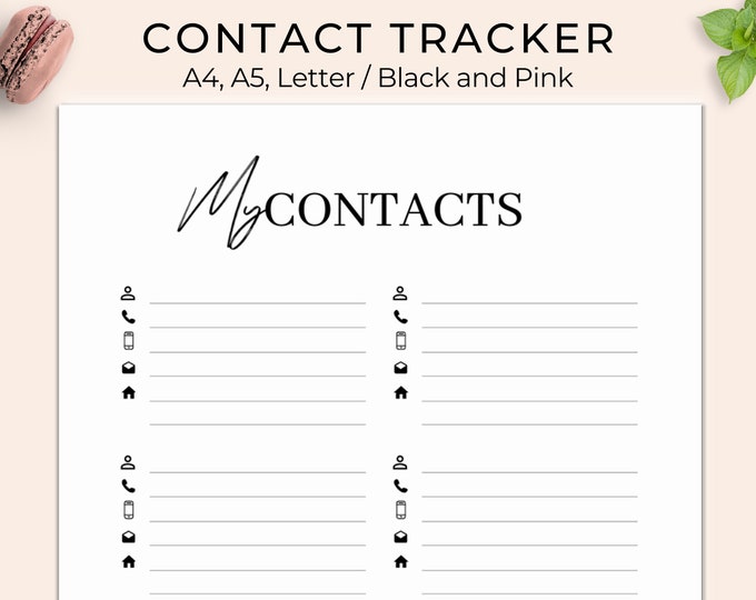 Printable Contacts Page, Address Book, Contact Book, Printable Planner Inserts, Contacts List ...
