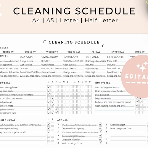 FULLY EDITABLE Daily Weekly Monthly Cleaning Checklist - Etsy