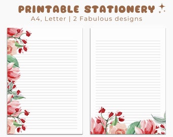 Floral Printable Stationery, Printable Stationery Paper, Writing Paper Printable, Digital Lined Paper, Unlined Stationery, A4, Letter