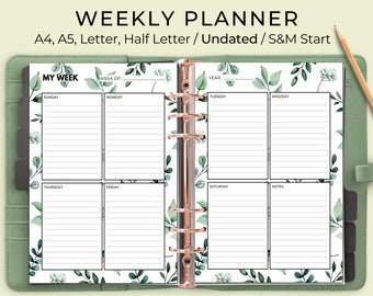 Weekly Planner Printable, Week at a Glance Printable, Weekly Planner Undated, Week on Two Pages, WO2P, Inserts, A4, A5, Letter, Half Letter