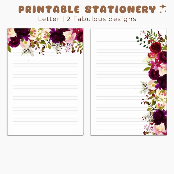 Purple Floral Printable Stationery, Letter, Printable Stationary, Printable Writing Paper, Journal Paper, Note Paper, Lined Unlined Paper