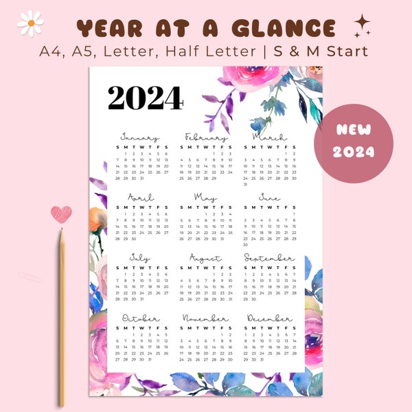 Year at a Glance 2024 Printable, Year at a Glance Calendar, Yearly Calendar 2024, Desk Calendar, Yearly Overview, Pink Blue Floral Calendar