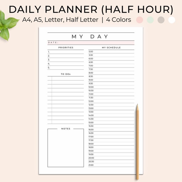 Daily Planner Printable, Half Hour Daily Planner, Day Planner, Productivity Planner, Daily Schedule, Daily To Do List, Printable Planner