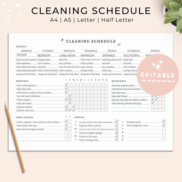 Editable Cleaning Schedule, Cleaning Planner Printable, Daily, Weekly, Monthly, Quarterly, Annual Cleaning Checklist, Cleaning Template, PDF