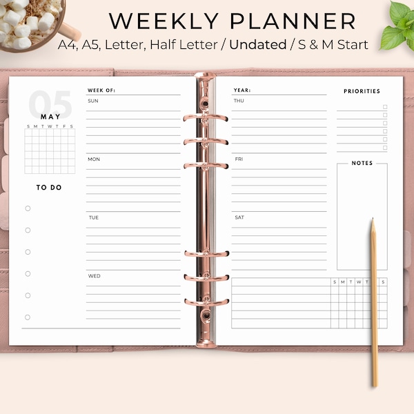 Weekly Planner Printable, Week at a Glance Printable, Weekly Planner Undated, Week on Two Pages, WO2P, Inserts, A4, A5, Letter, Half Letter