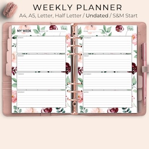 Weekly Planner Printable, Week at a Glance Printable, Weekly Planner Undated, Week on Two Pages, WO2P, Inserts, A4, A5, Letter, Half Letter