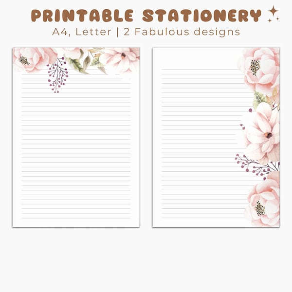 Floral Stationery Printable, Letter Paper, Printable Stationary, Printable Writing Paper, Journal Paper, Note Paper, Lined Unlined Paper