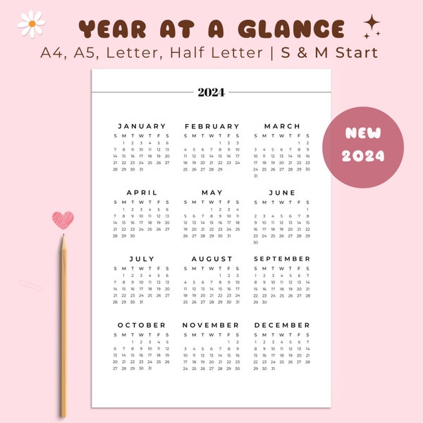 2024 Calendar Printable, Year at a Glance Calendar, Yearly Calendar 2024, Printable Planner Inserts, Yearly Overview, Minimalist Calendar