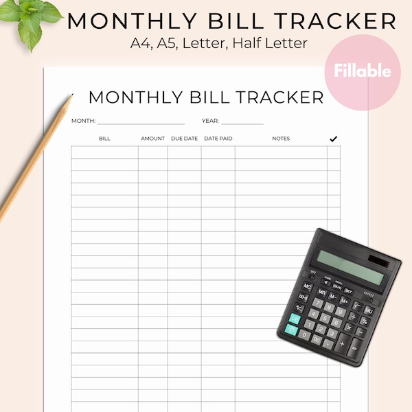 Maandelijkse bill payment tracker afdrukbaar, invulbaar formulier, factuurorganisator, financieel planner, maandelijks factuurlogboek, A4, A5, brief, halve brief