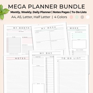 Planner Bundle Printable, Daily Weekly Monthly Planner Bundle, Productivity Planner, To Do List, Notes, A4, A5, Letter, Half Letter Size