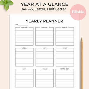 Year at a Glance Planner 2022, Yearly Overview Printable, Yearly Planner on One Page, 12 Month Overview, PDF, A4, A5, Letter, Half Letter