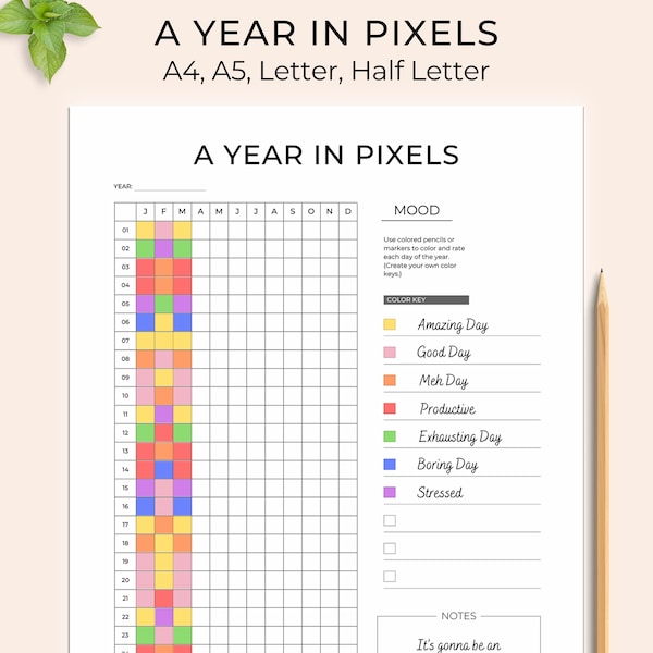A Year in Pixels Printable, Yearly Mood Tracker, Year in Pixels Template, Minimalist Planner Inserts, PDF, A4, A5, Letter, Half Letter