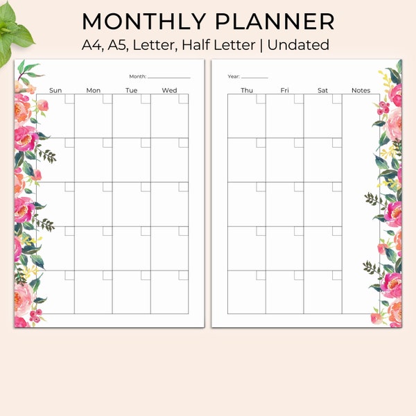 Monthly Planner Printable, Undated Monthly Planner, Floral Monthly Calendar, MO2P, Month On 2 Pages Printable, A5, A4, Letter, Half Letter