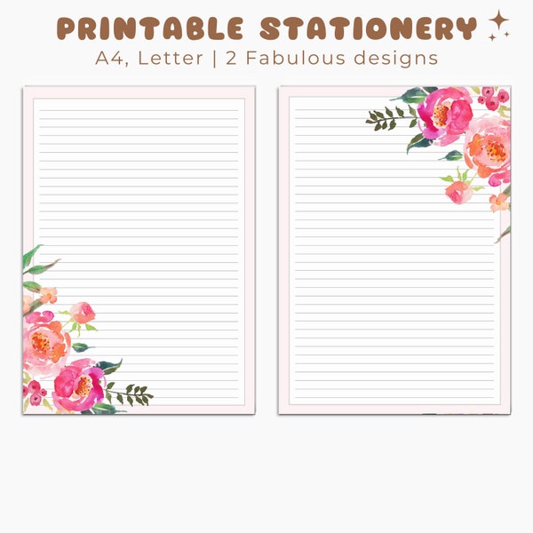 Printable Floral Writing Paper, Printable Stationery, Lined Paper, Unlined Stationery, Printable Paper, Journal Paper, A4, Letter