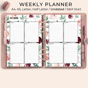 Weekly Planner Printable, Week at a Glance Printable, Weekly Planner Undated, Week on Two Pages, WO2P, Inserts, A4, A5, Letter, Half Letter