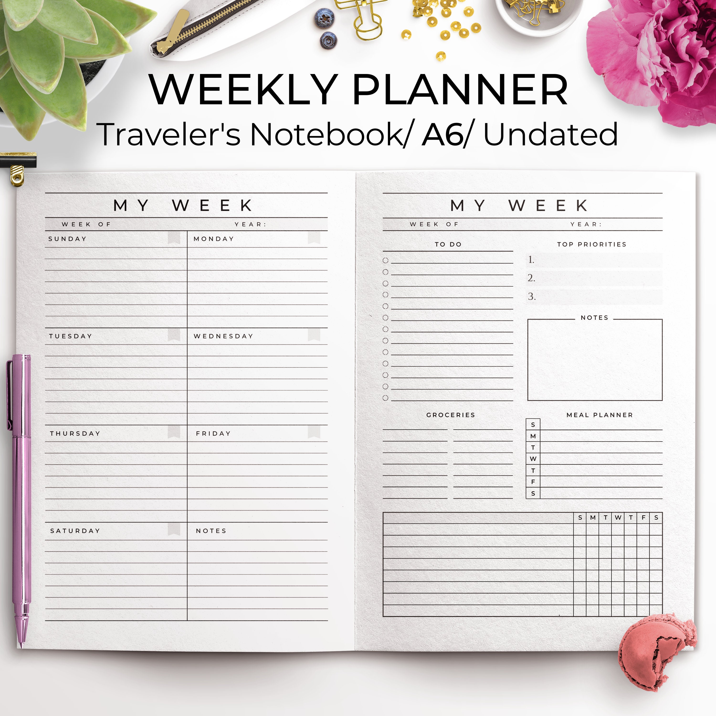 Traveler's Notebook Weekly Planner Printable TN A6 Etsy