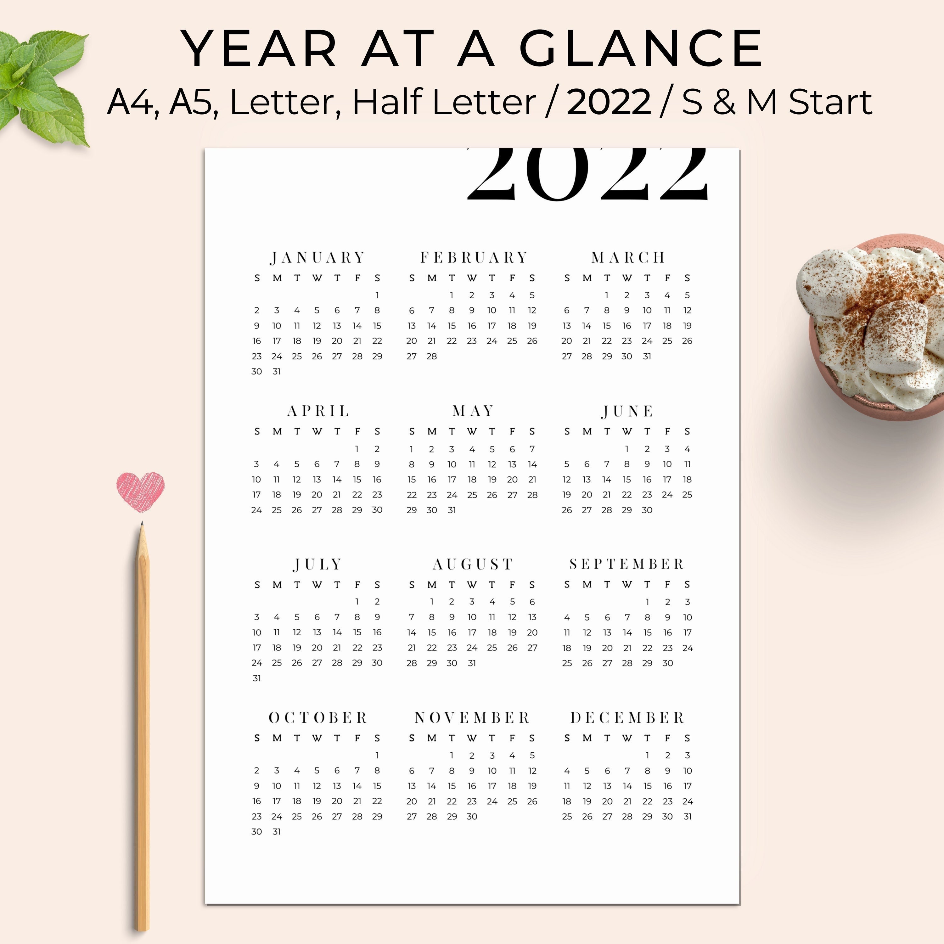 year at a glance 2022 printable year at a glance calendar etsy