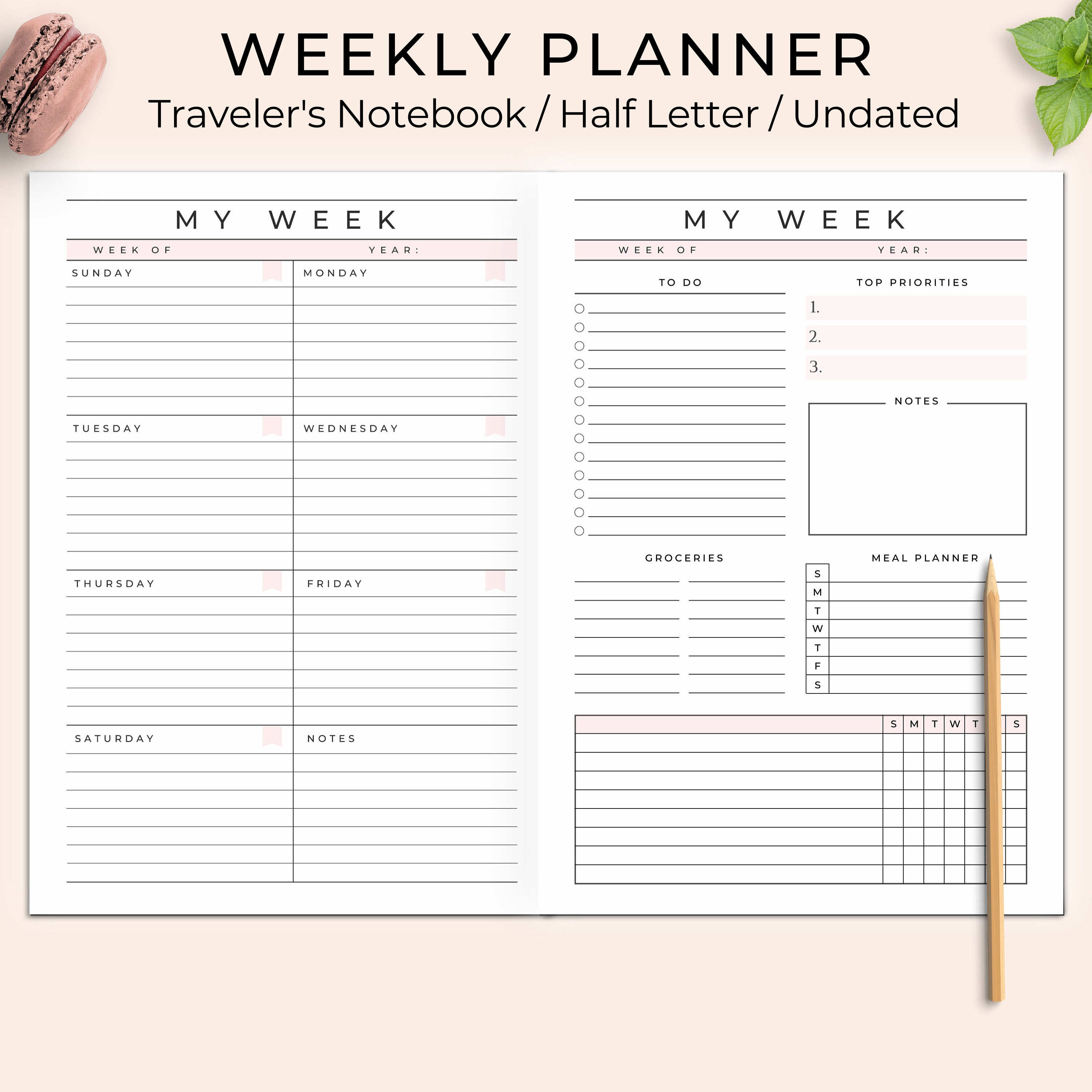 Traveler's Notebook Weekly Planner Printable TN Half - Etsy