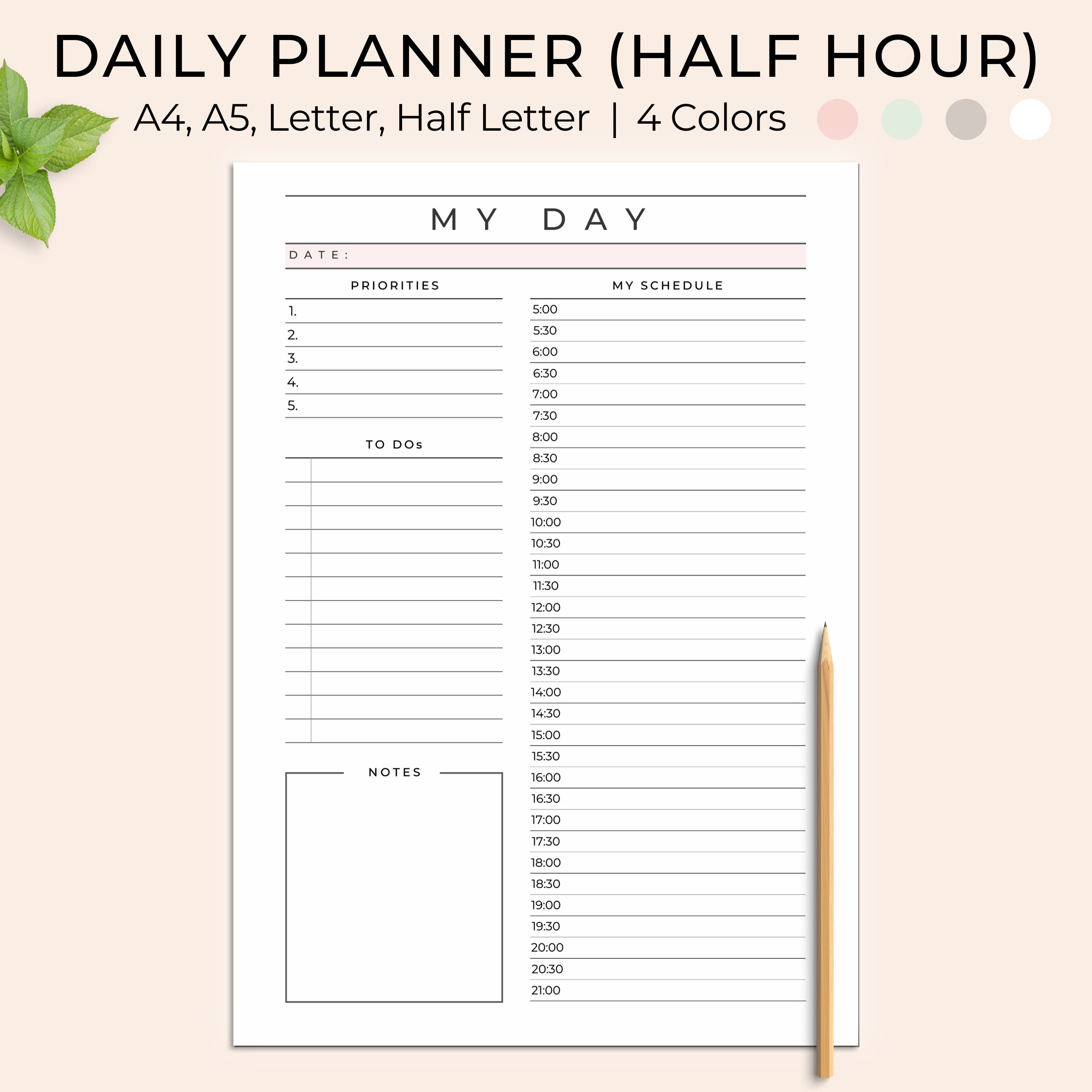 Daily Planner Printable, Half Hour Daily Planner, Day Planner, Productivity  Planner, Daily Schedule, Daily to Do List, Printable Planner 