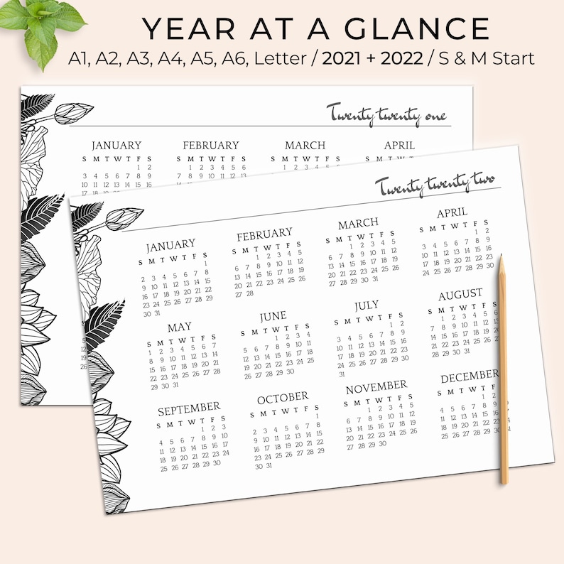 2021 2022 Year At A Glance Yearly Wall Calendar Printable Etsy