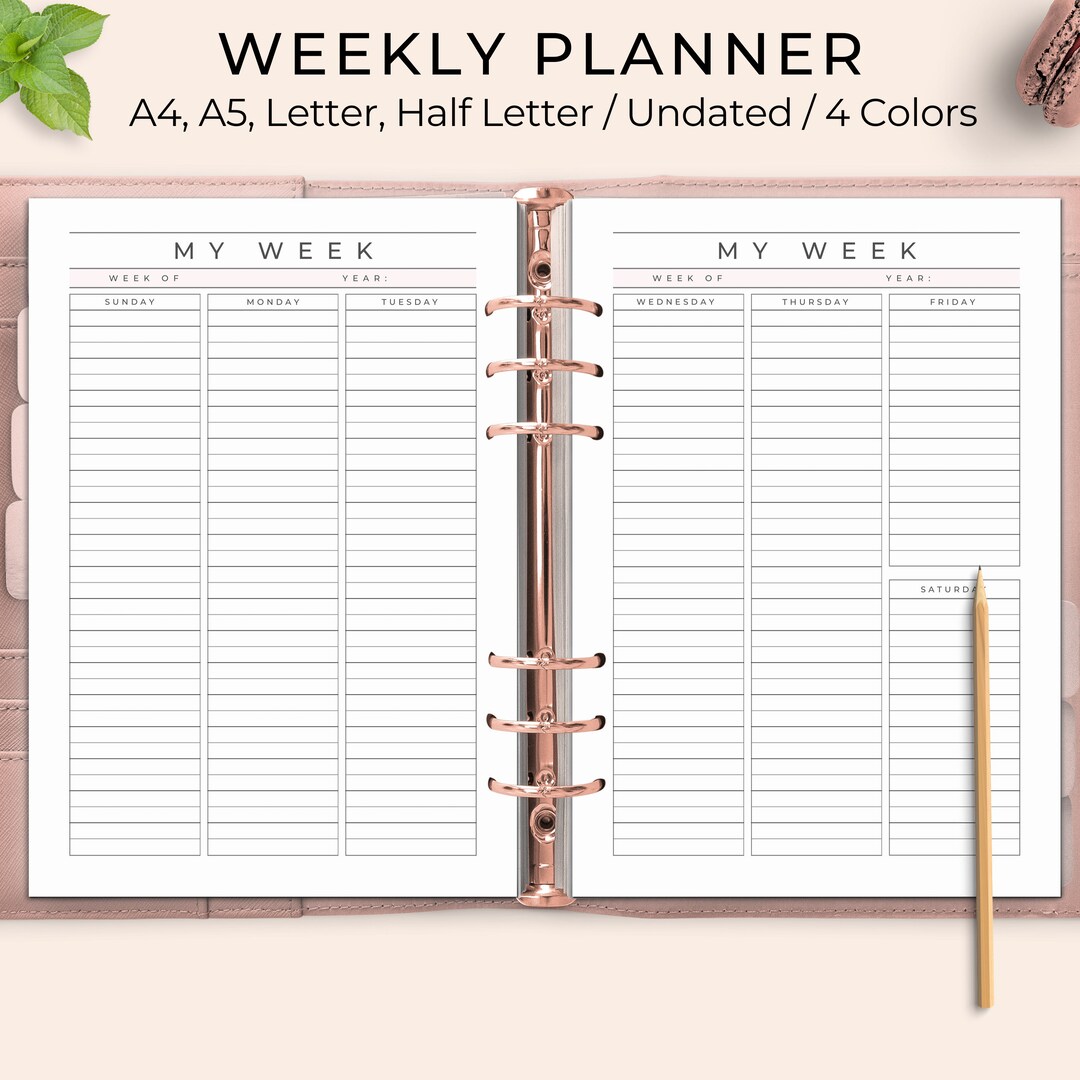 Week on Two Pages Printable, Undated Weekly Planner, W02P, Weekly Inserts, Week at a Glance ...