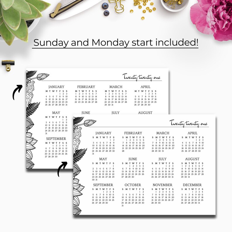 2021 2022 year at a glance yearly wall calendar printable etsy