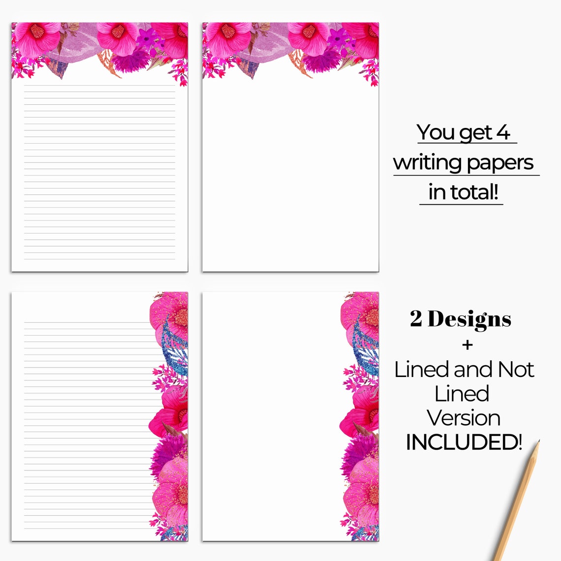 Hot Pink Printable Lined Paper Floral Writing Paper - Etsy France