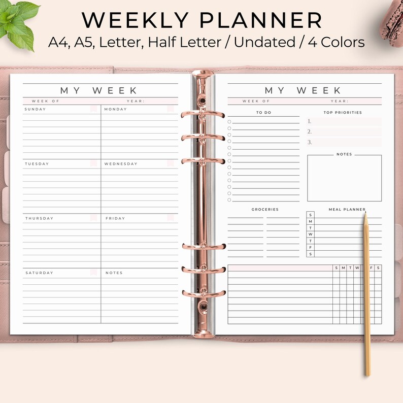Week at a Glance Printable, Weekly Planner Undated, Week on Two Pages Printable, W02P, Weekly Inserts, A4, A5, Letter, Half Letter Size 