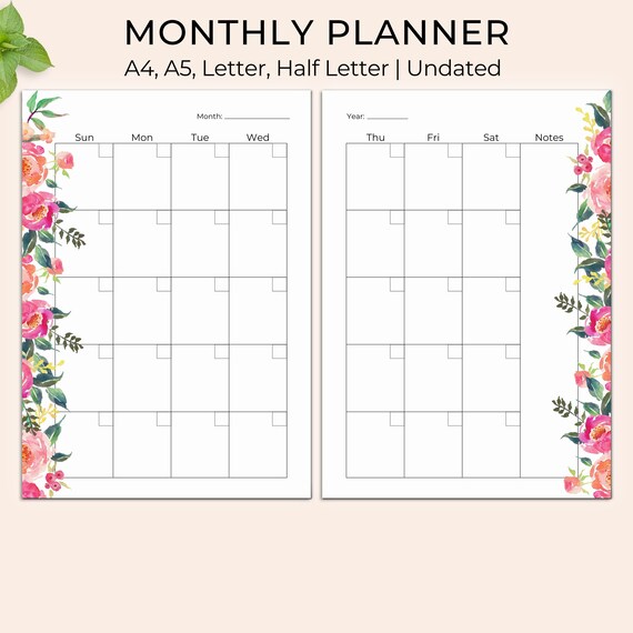 Monthly Planner Printable, Undated Monthly Planner, Floral Monthly Calendar,  MO2P, Month on 2 Pages Printable, A5, A4, Letter, Half Letter - Etsy