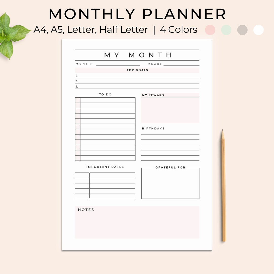 Monthly Planner Printable, Month on One Page, Monthly Planner Undated ...