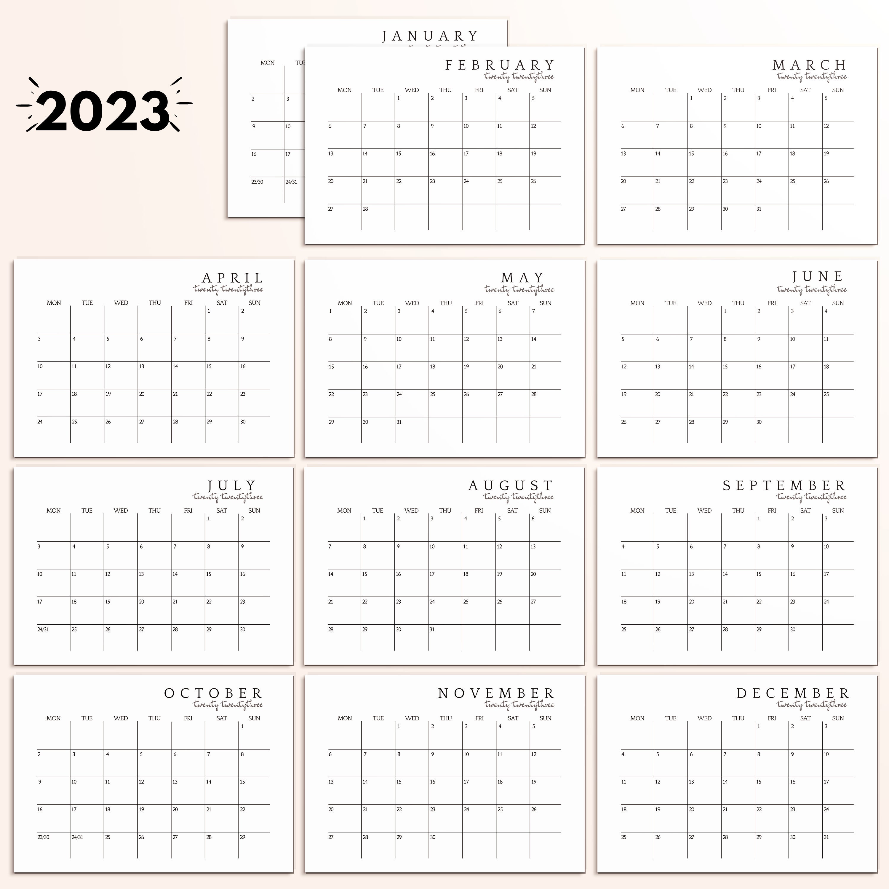 2023 Large Calendar Printable Desk Calendar 2023 Minimalist Etsy