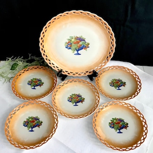 6 Art Deco Plate Set Antique Porcelain Fruit Plate Orange Mother of Pearl Porcelain