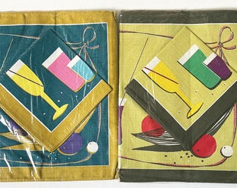 May include: Two vintage cocktail napkins, one teal and one olive green, each with a matching square napkin. The napkins feature a yellow champagne glass and colorful drink glasses. The teal napkin has a gold border.