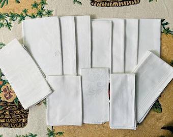 14 Vintage Damask Napkins & Linen Set | Antique Tablecloth Fabrics, White Cotton Damask with Monogram - Floral Pattern