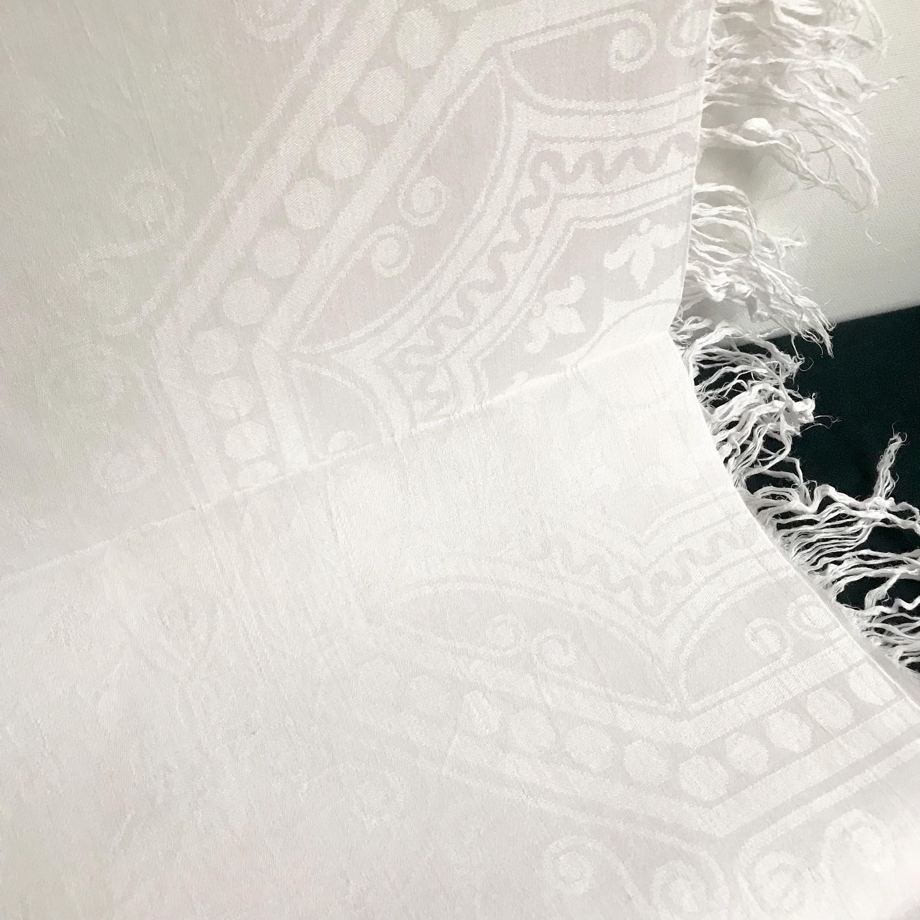 Nappe En Lin Damassé Français Du XXe - Blanc - 225 X 135 Cm