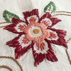 May include: Close-up of an embroidered floral design. The flower features petals in shades of burgundy and pink, with a yellow center. Green leaves and brown rope-like accents surround the flower, all stitched on a cream-colored fabric.