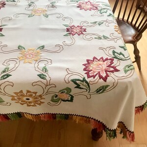 May include: Cream-colored tablecloth with embroidered floral design in shades of pink, yellow, and green. The edges are trimmed with a colorful fringe. The tablecloth is draped over a wooden table, showcasing the intricate details of the embroidery.