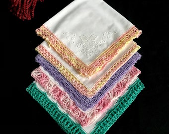 5 pañuelos vintage pañuelos bordados con ribete de encaje a crochet