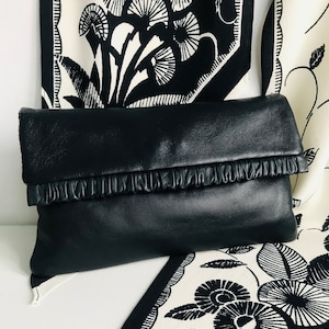 Vintage leather clutch with cloth/black leather clutch/leather bag/evening bag/leather/black/crepe georgette fabric