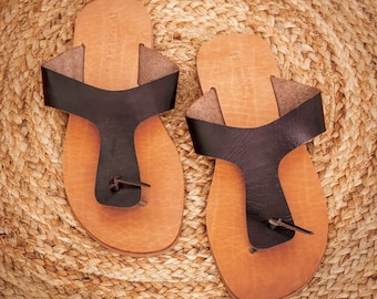 T-strap mens leather sandals handmade in Greece, summer slides sandals, quality leather sandals, flip flop sandals
