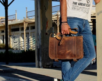 Aktentasche Handgefertigte Ledertasche für Laptop 16 ", Satchel-Leder-Bürotasche, Aktentasche im Vintage-Stil, handgefertigt in Griechenland