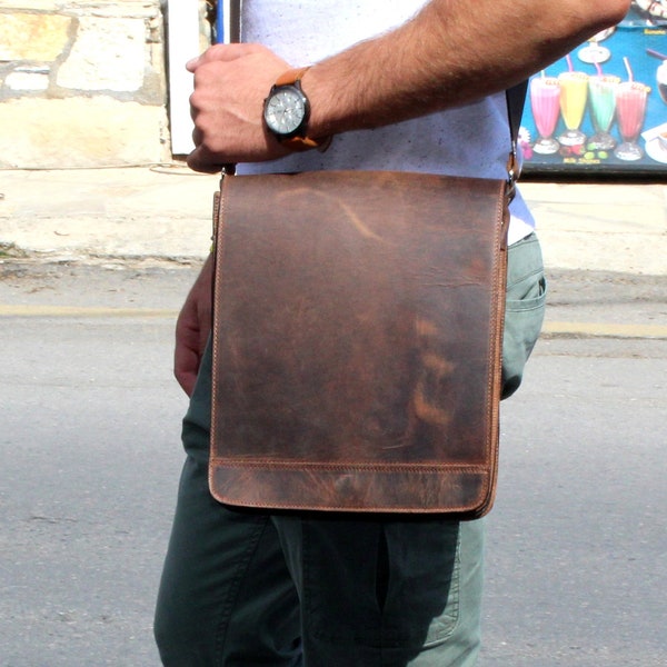 Herren Leder Umhängetasche, Klassische Handgemachte Umhängetasche, Bürotasche, Vertikale Schultertasche, Herren Aktentasche handgefertigt in Griechenland