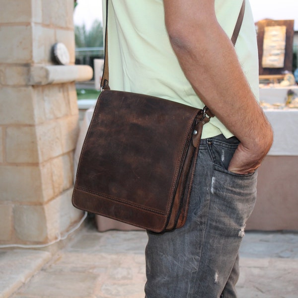 Bolso hecho a mano de cuero para hombres, bolso de hombro vertical, bolso cruzado para hombres, bolso de mensajero, bolso de oficina, hecho en Grecia