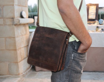 Men's Leather Handmade Bag, Vertical Shoulder Bag, Men's Cross Body Bag, Messenger Bag, Office Bag, Made in Greece