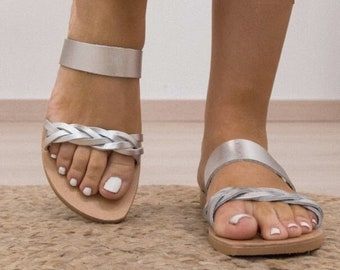 Greek style leather sandals, Women's flat sandals, leather slides sandals, classic summer sandals, handmade in Greece, natural tanned