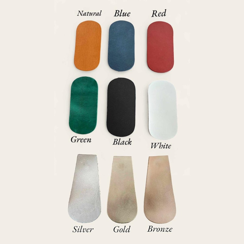 May include: Nine leather swatches in different colors: natural, blue, red, green, black, white, silver, gold, and bronze.