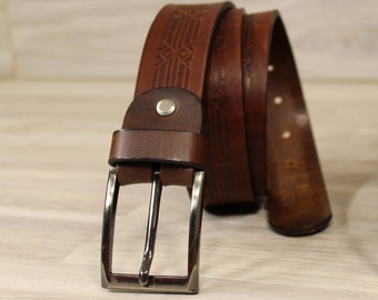 Men's brown leather belt with design, bridle leather belt with traditional buckle, handmade in Greece