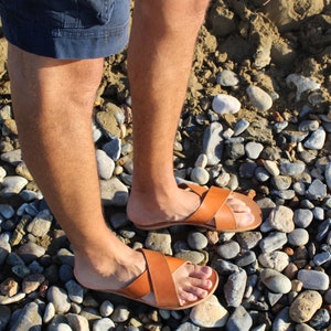 Criss cross leather sandals, original X sandals, classic men&#39;s sandals, summer leather slides sandals, handmade in Greece, comfortable