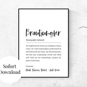 Printable Poster Karte "Brautjungfer" Definition | Bild zum Ausdrucken Selbstdrucken, Geschenk Brautjungfer, Danke Brautjungfer, Hochzeit