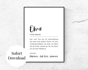 Tarjeta tipo póster imprimible Definición de "abuela" | Lámina para imprimir, autoimpresión, regalo para abuela, regalo de cumpleaños, bricolaje